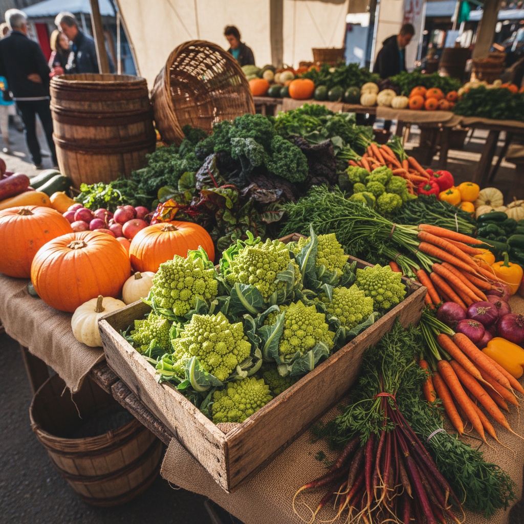 full display of seasonal produce at a different market