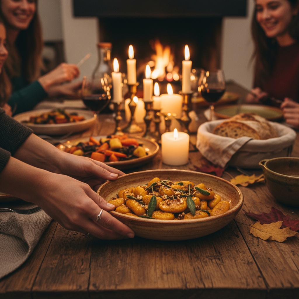 Italian Autumn dinner with people at the table